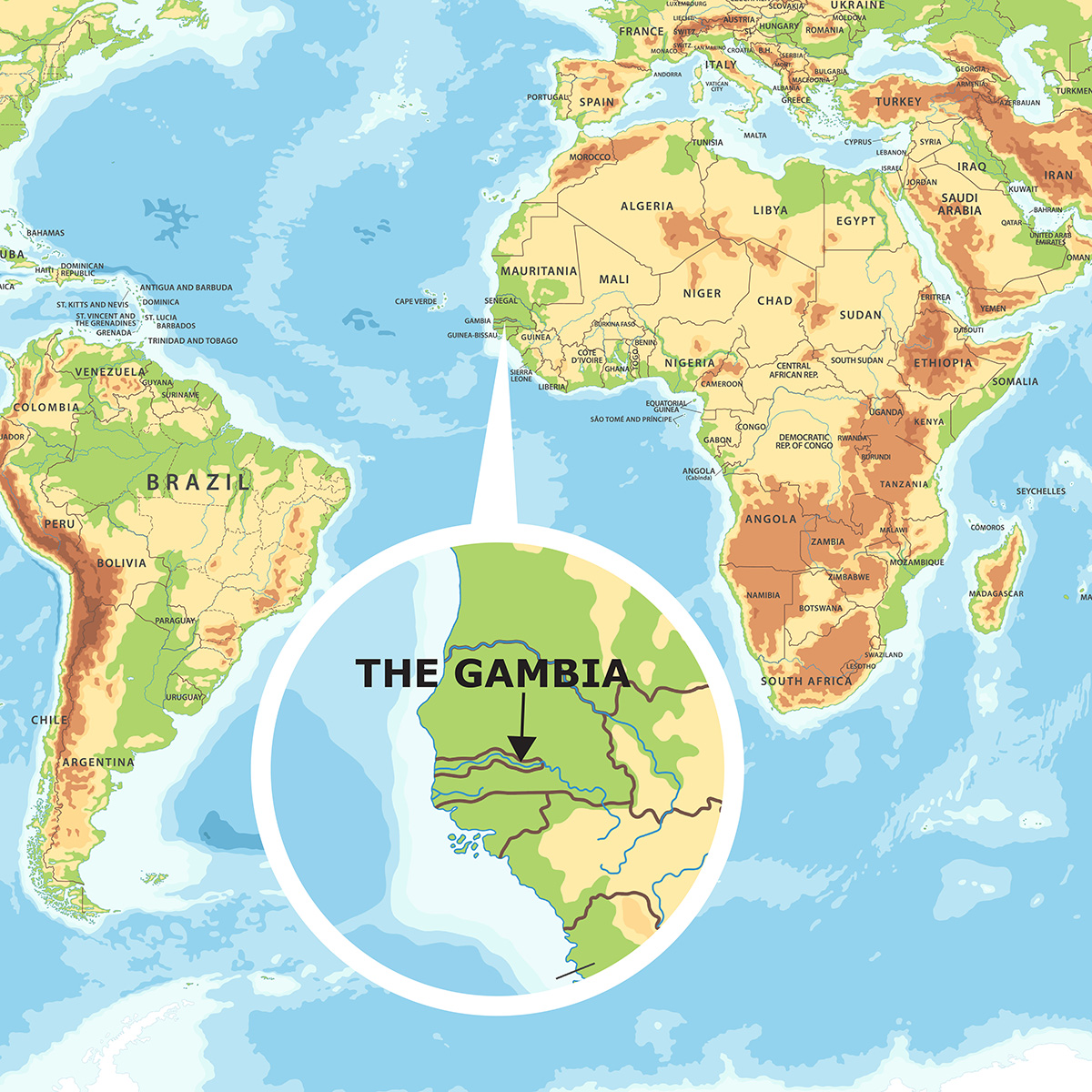 Map showing location of The Gambia in West Africa.