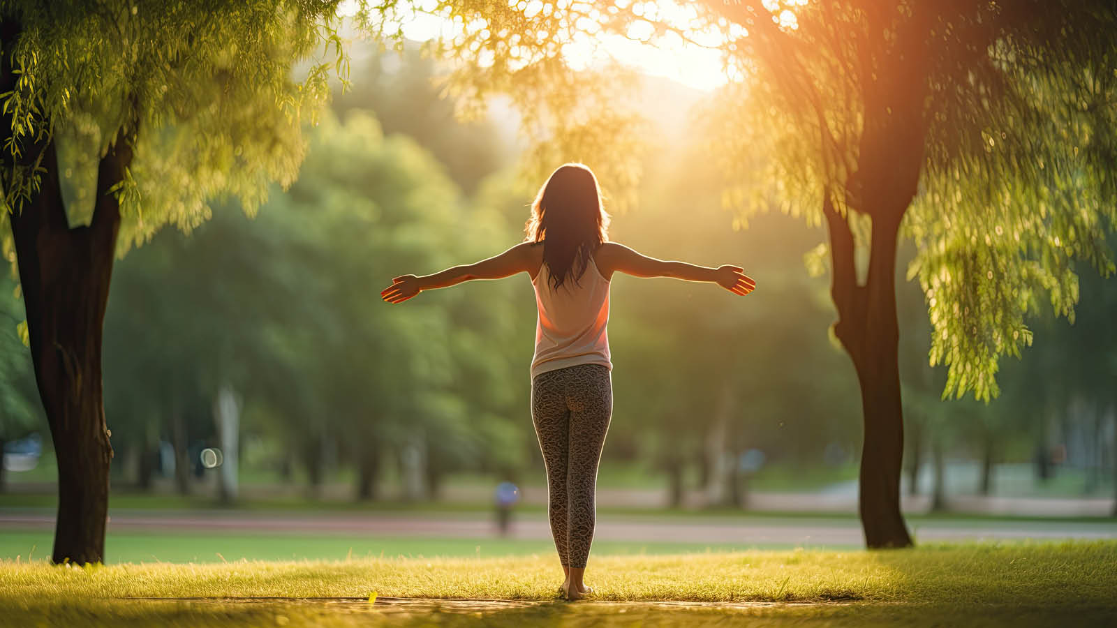 Woman standing in woods with arms extending out from her sides and sunlight shining through an opening 