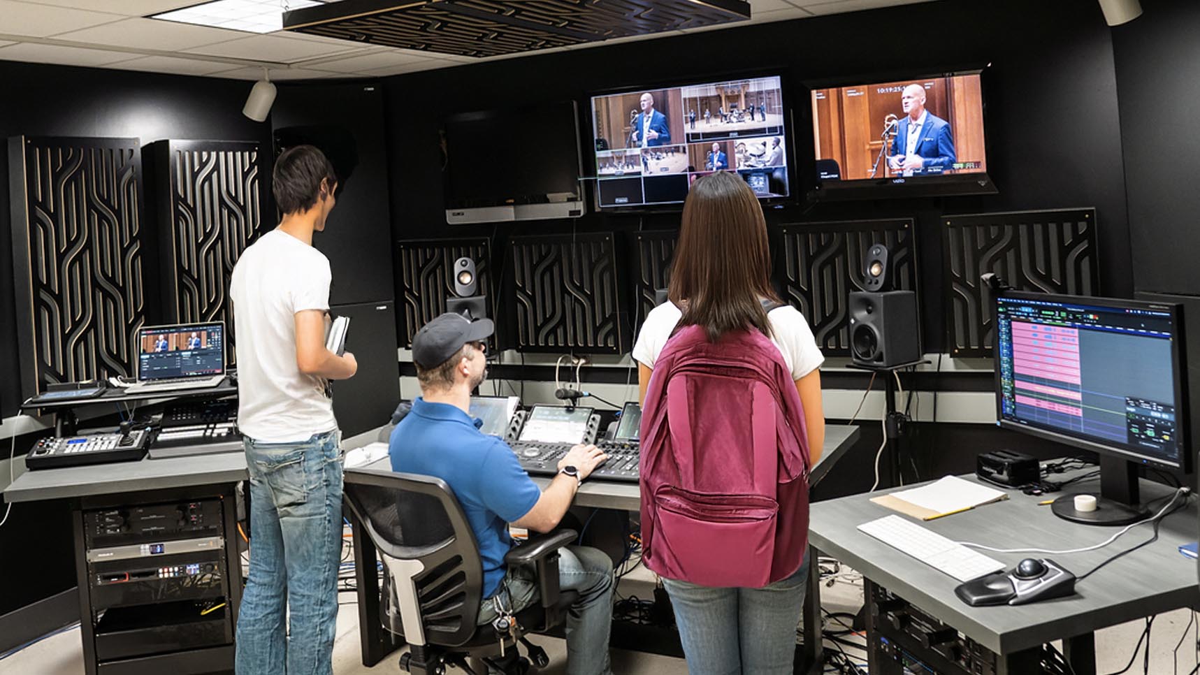 Students and faculty in video production studio