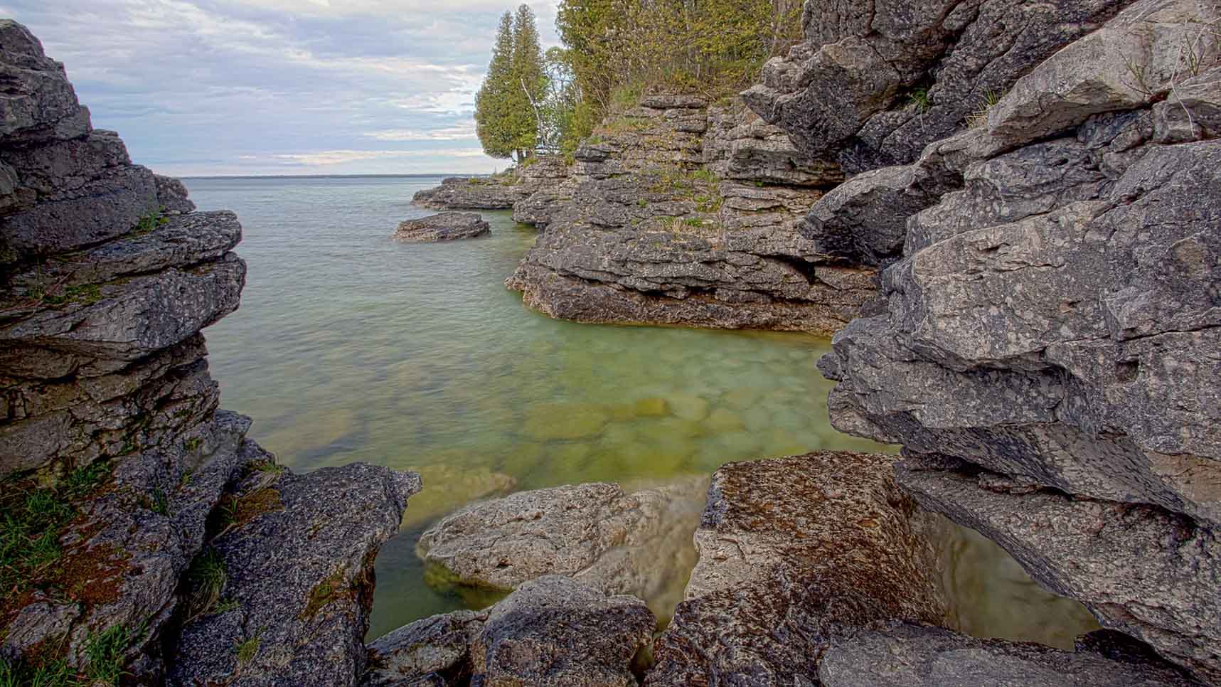 View from an escarpment on shoreline of a lake