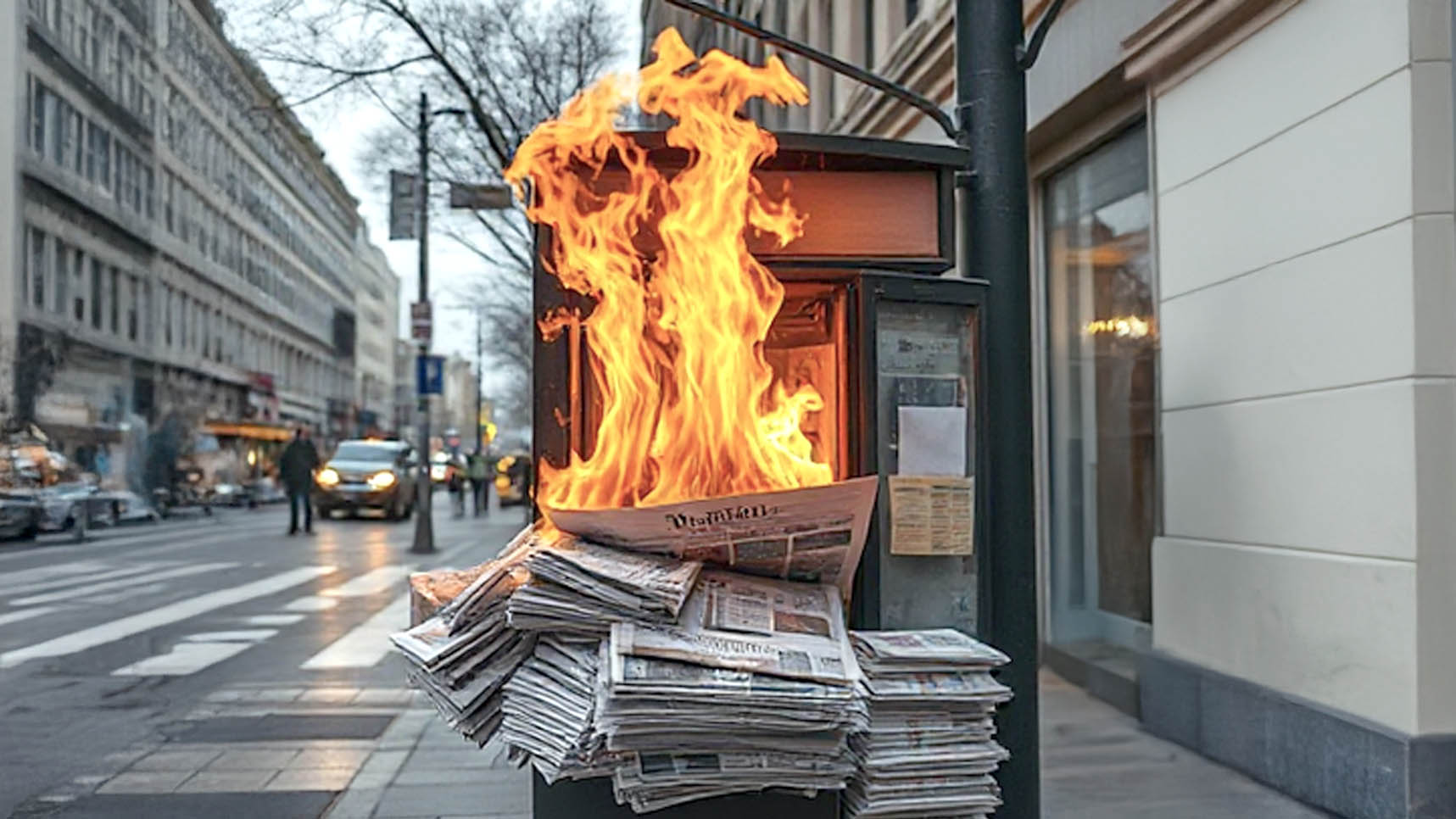 Pile of folded newspapers on a street corner on fire.