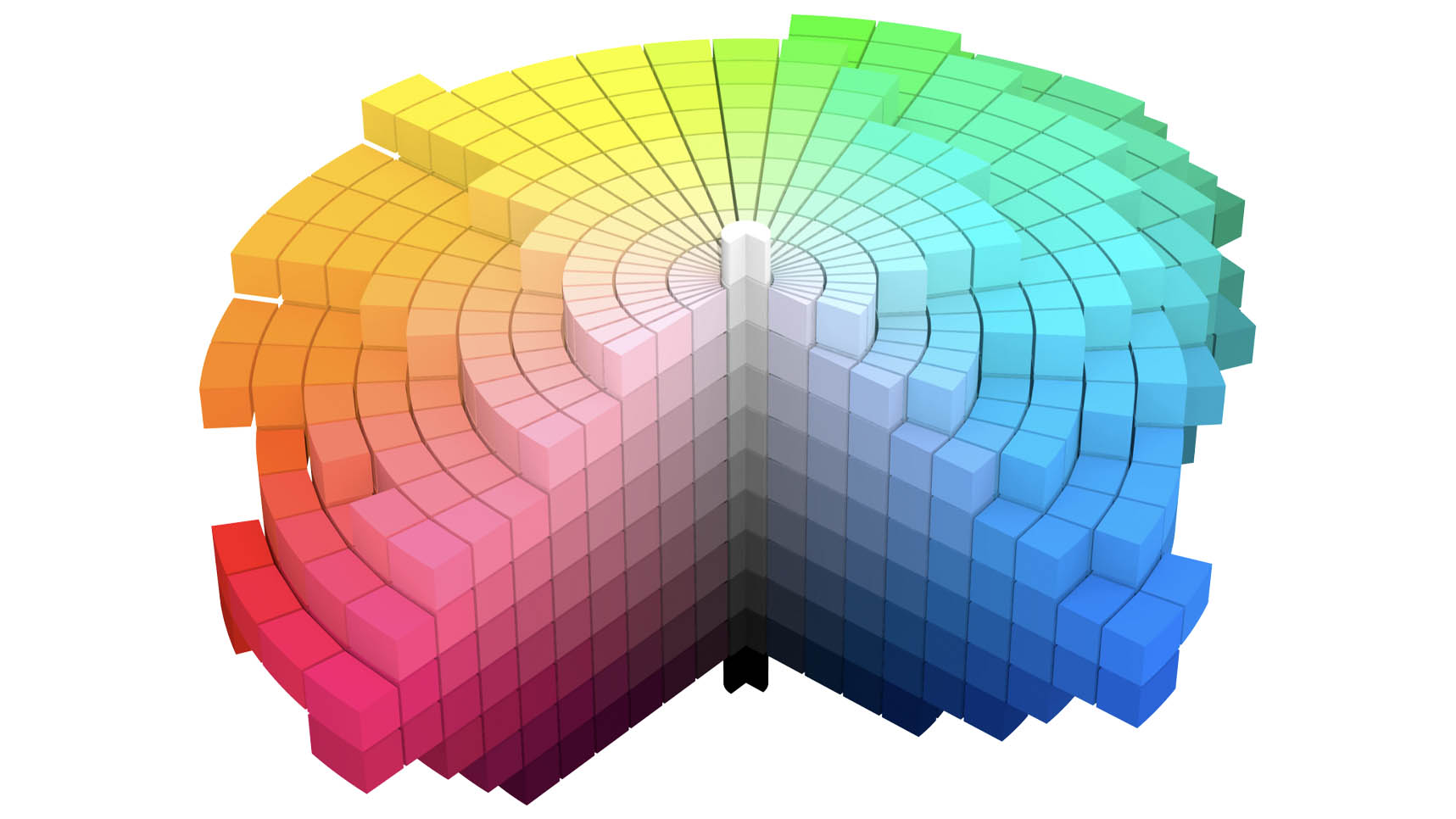 Munsell Color System depicting colors in three dimensions extending the length and out from a central axle