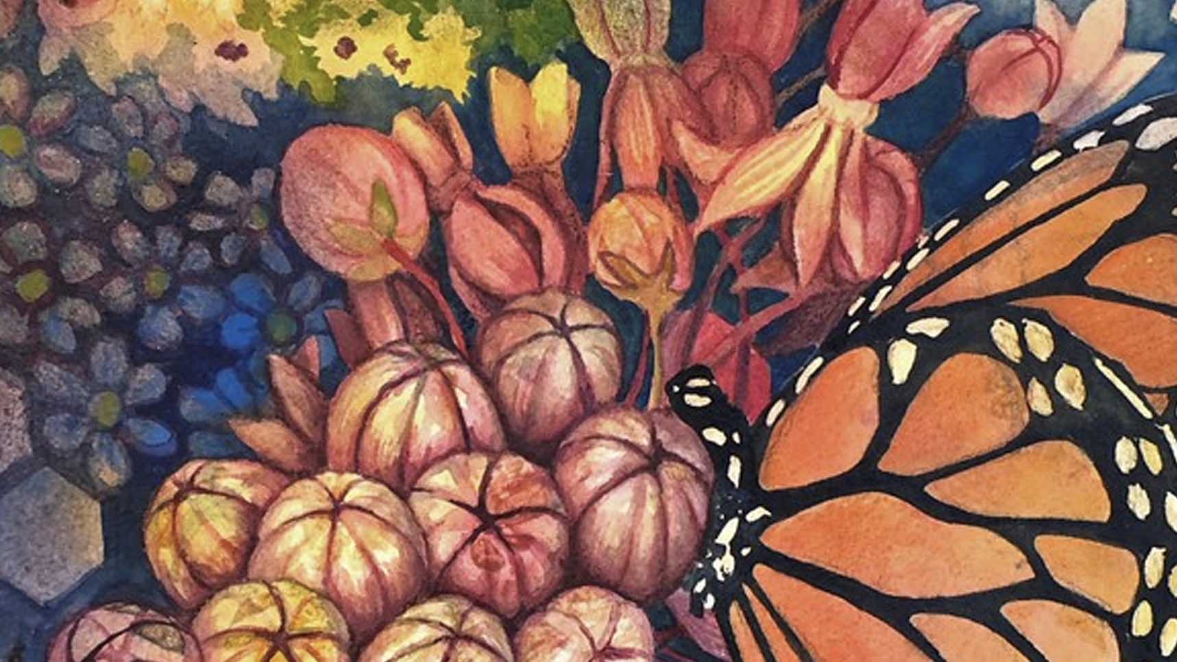 Watercolor of a monarch butterfly resting on a flower in a flower-filled area