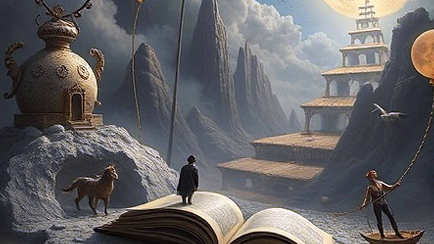 Fictional world with a moon in the sky and a person holding a floating moon on a rope, a person standing on a large open book and looking a moon in sky