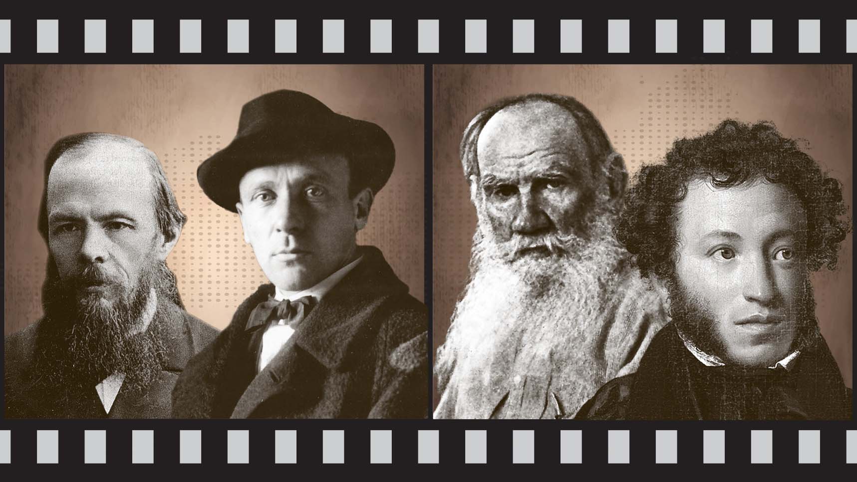 Pushkin, Dostoevsky, Tolstoy, and Bulgakov in movie film frames