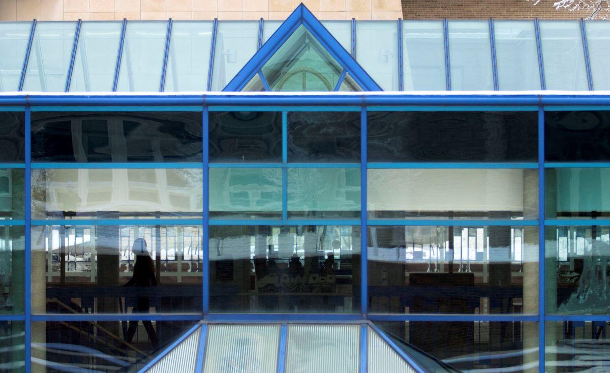 close-up of wriston building's glass entrance 