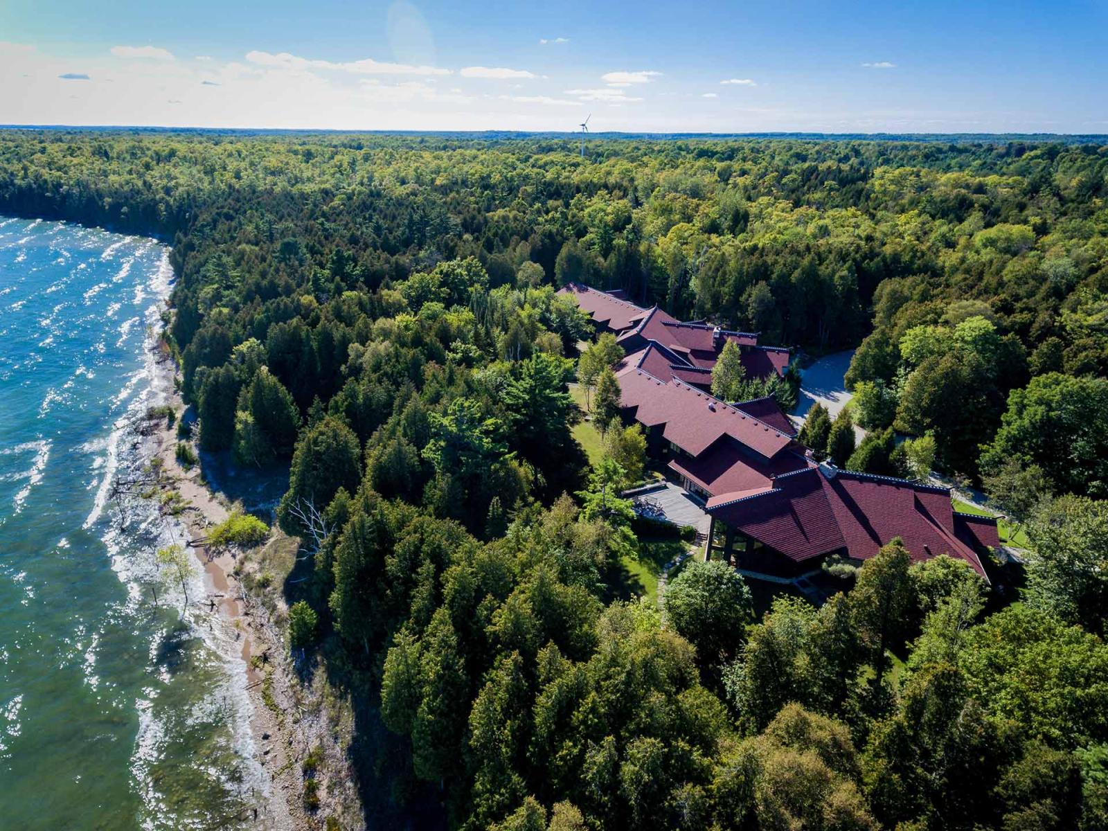 Aerial drone shot of Bjorklunden in Door County, Wisconsin