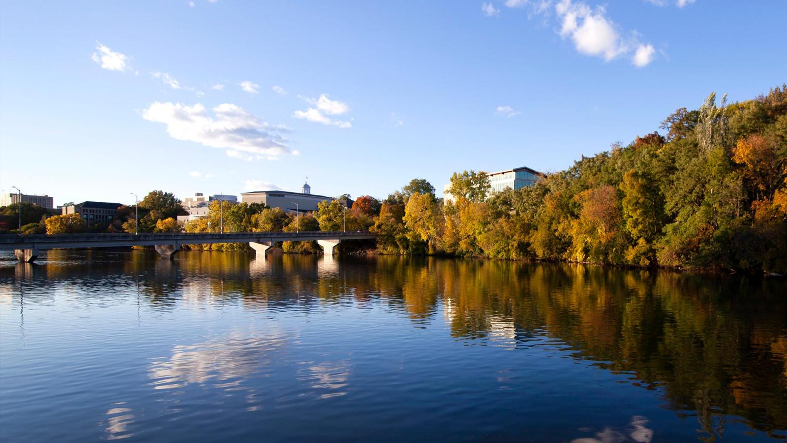 The Warch Campus Center can be seen from the Trestle Trail