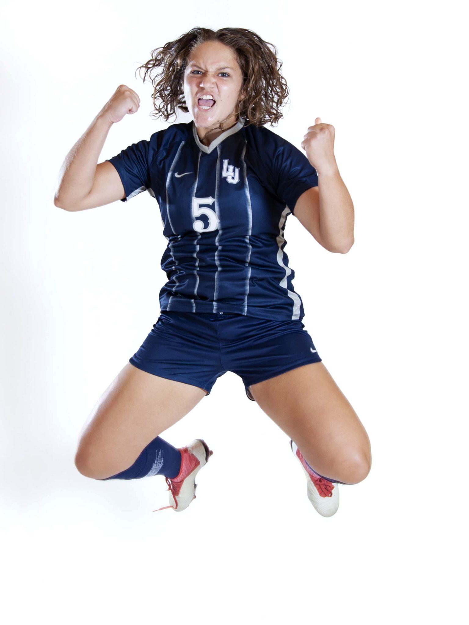 Soccer player Hanna Knudsen in midair