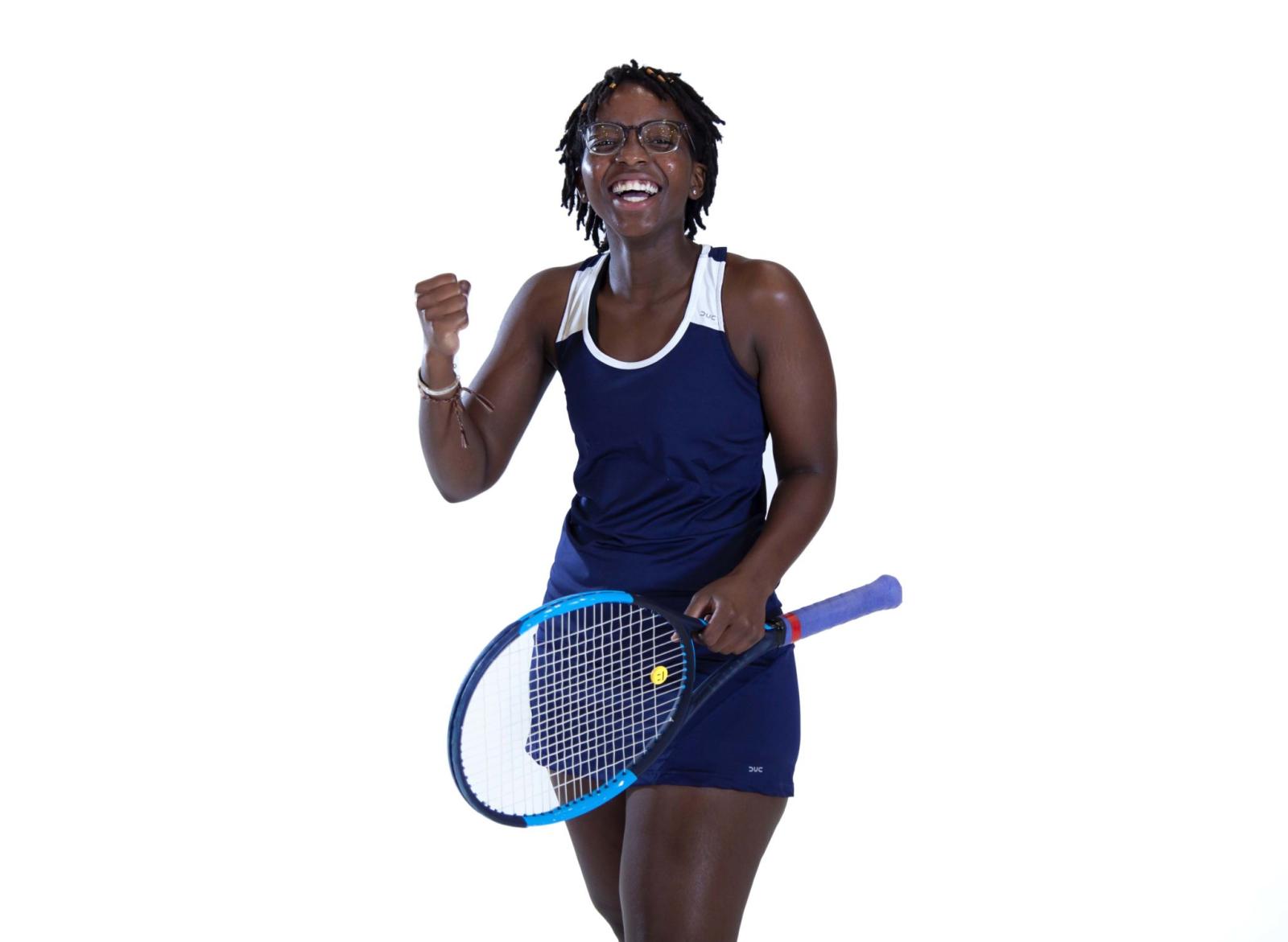 Tennis player Fanta Jatta holds a tennis racket