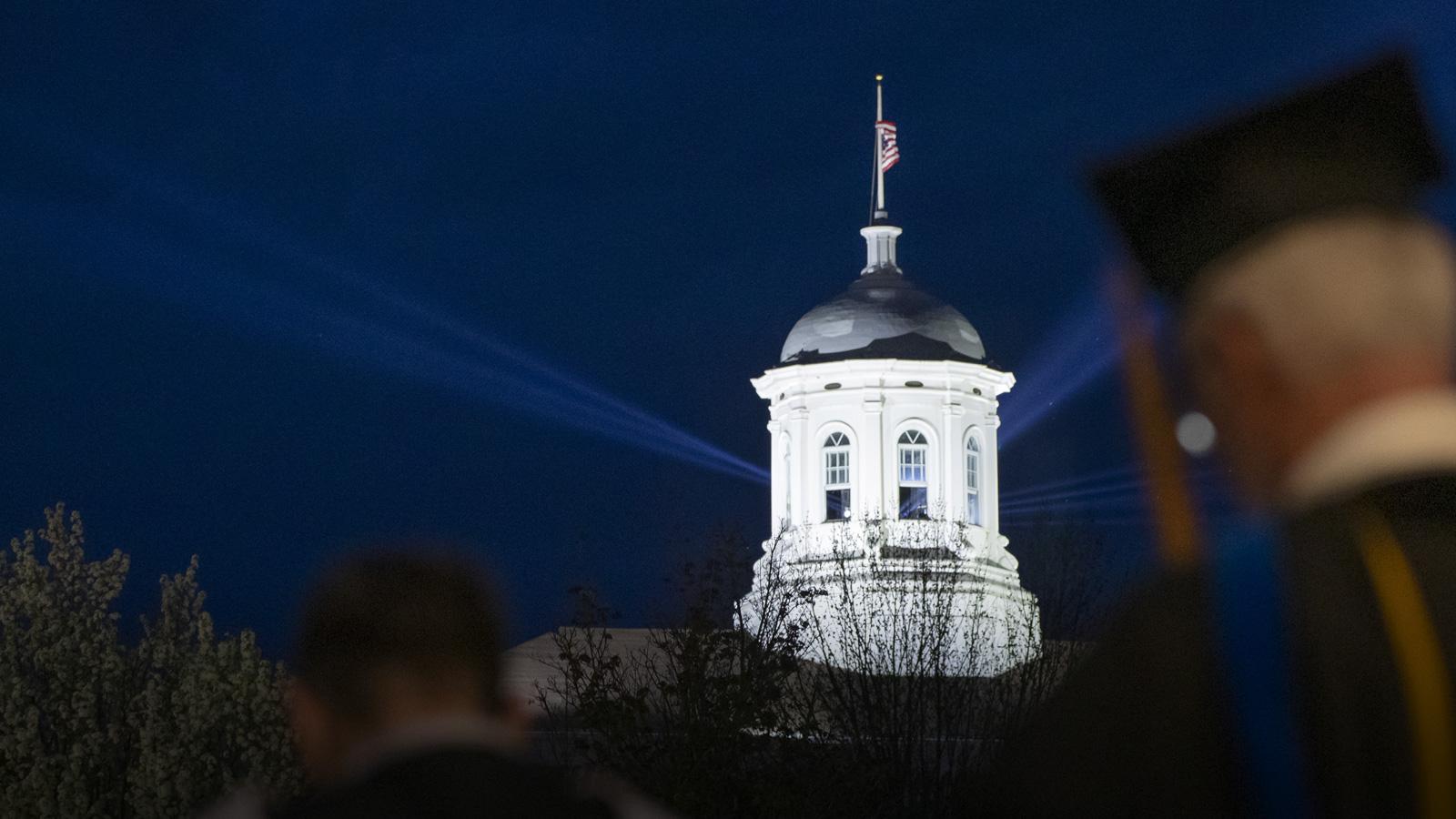 Main Hall cupola lit up at night following the Inauguration ceremony of President Laurie A. Carter