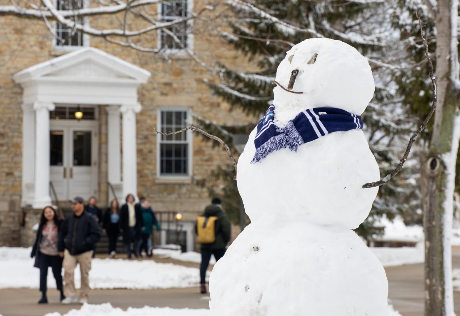 A giant snowman was built on Main Hall Green.