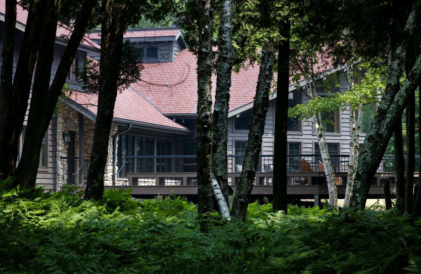 A photo of the Bjorklunden lodge taken through trees