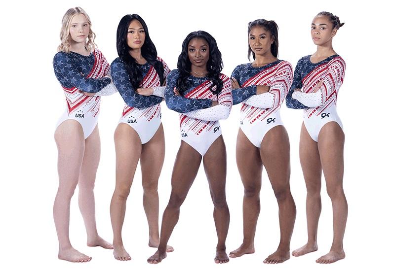 Team USA gymnasts model the newly unveiled leotards for the Summer Olympics.