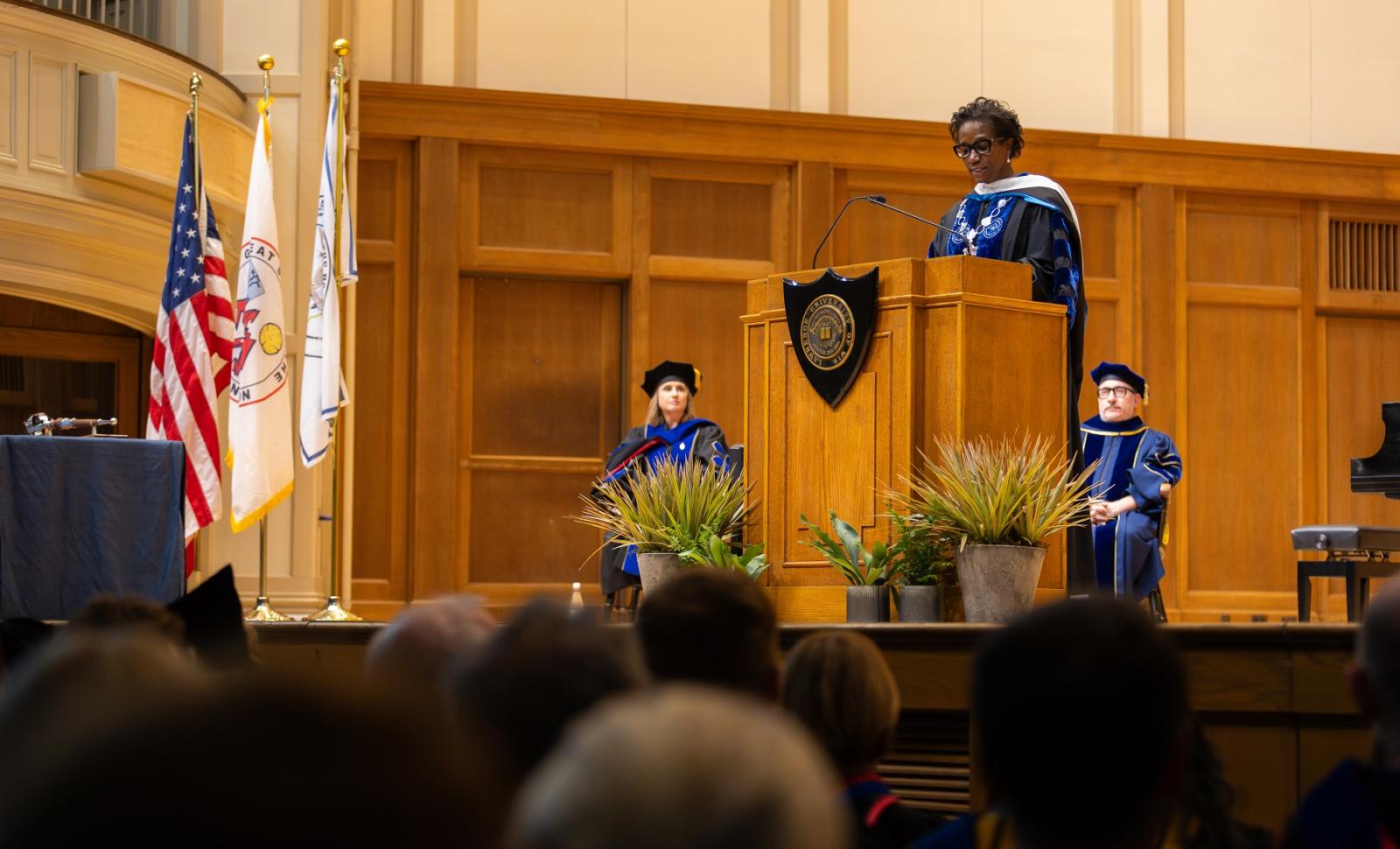 President Laurie A. Carter speaks during the 2024 Matriculation Convocation in Memorial Chapel.