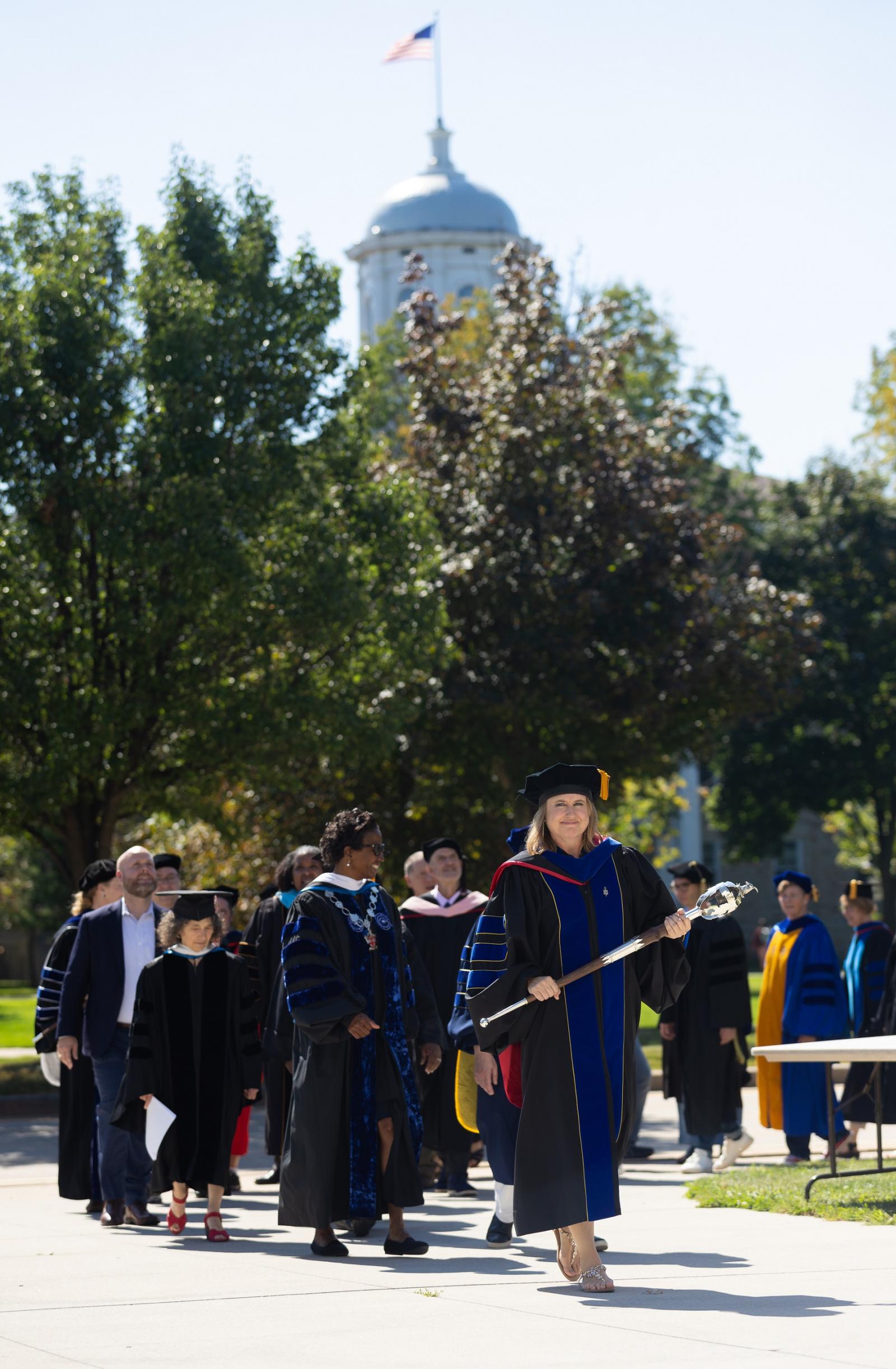 Faculty are dressed in academic regalia as they process to the 2024 Matriculation Convocation.