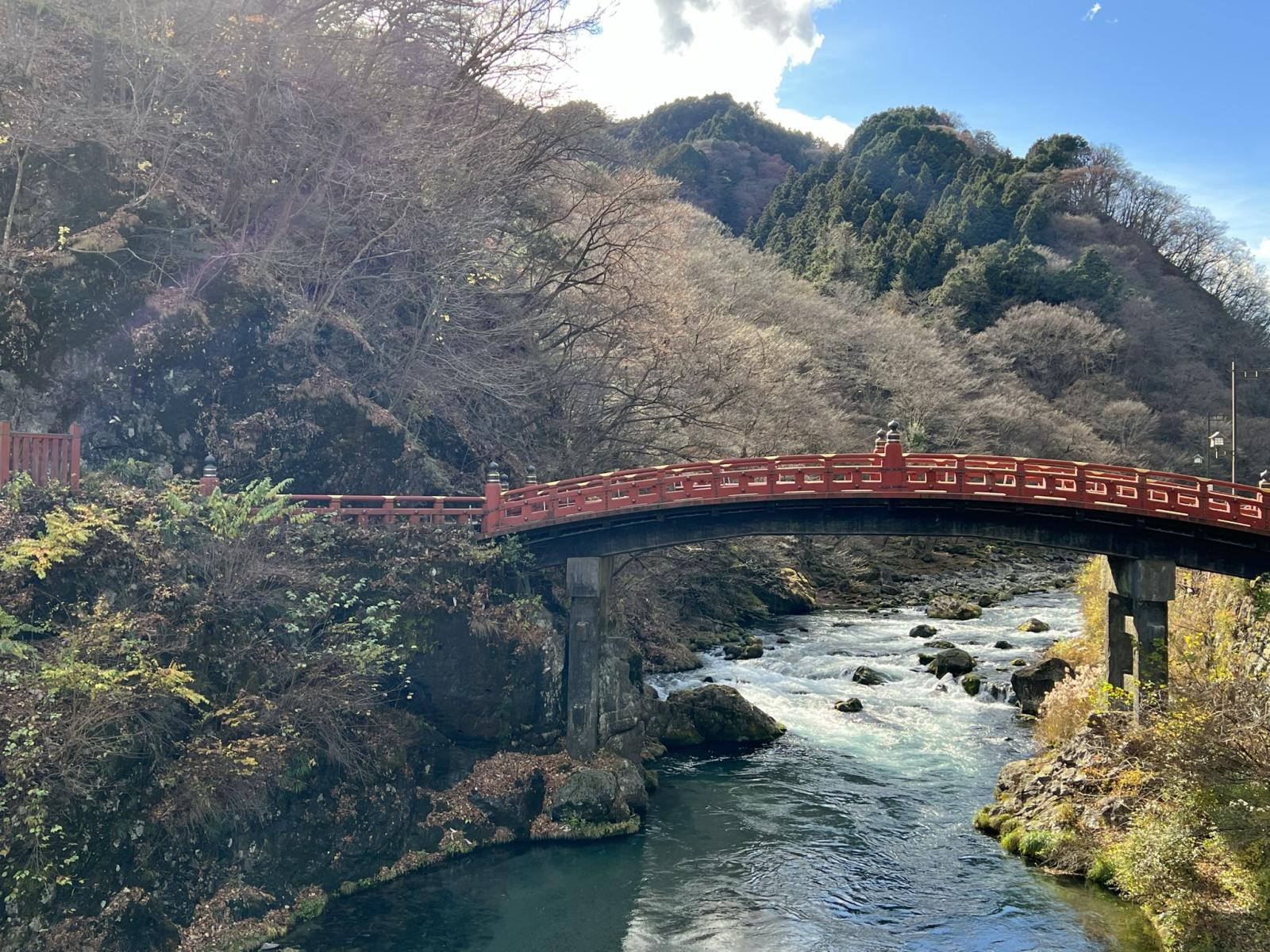 Bridge in Japan. Spanning river. Nature scene.