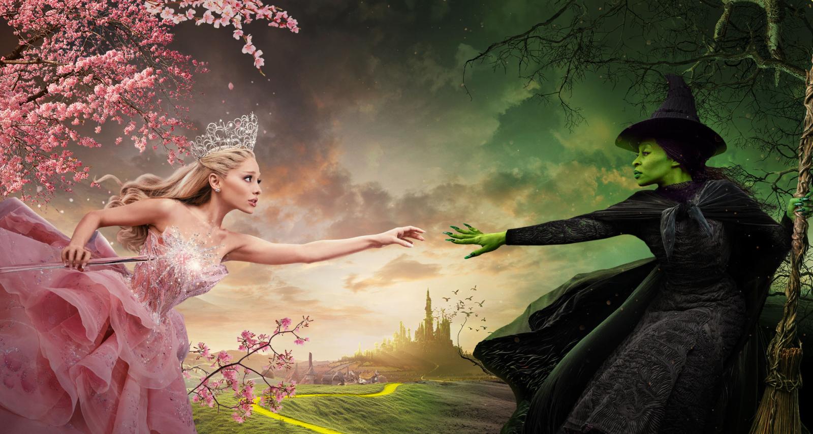 Wicked promo showing Ariana Grande as Glinda and Cynthia Erivo as Elphaba.