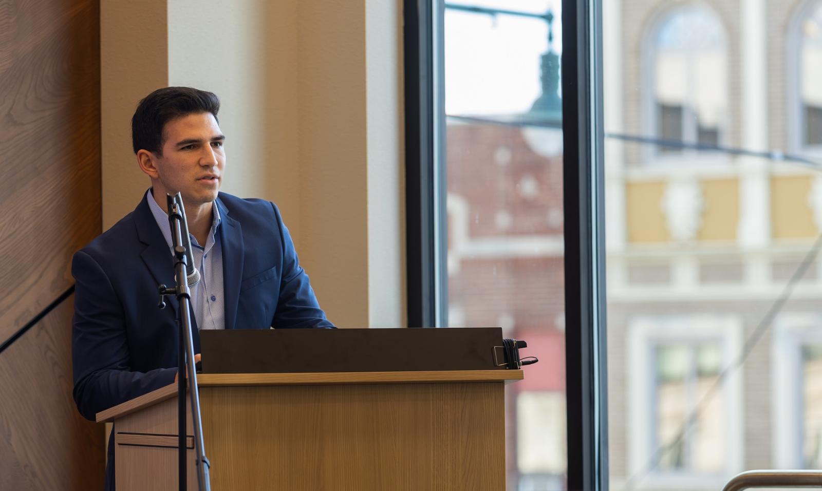 Nico Manzanera addresses the audience at the opening of the Business and Entrepreneurship Center in Fox Commons.