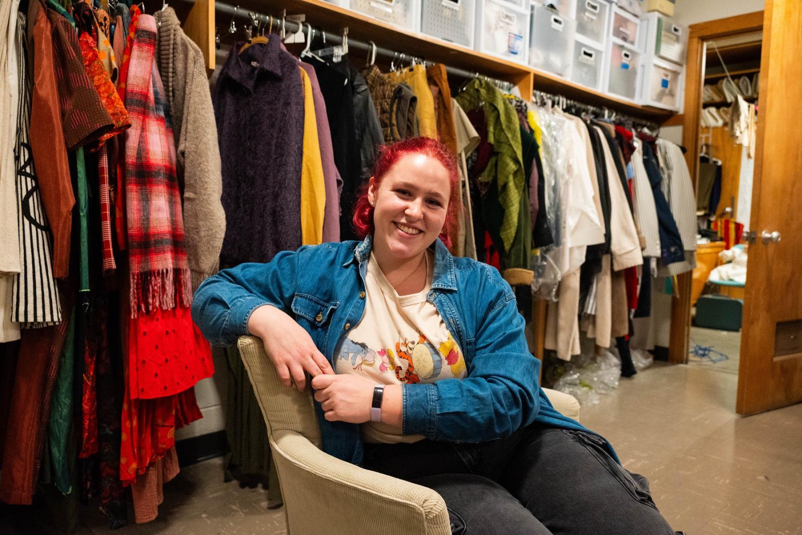 Jordan Wallin-Swanson hangs out in the costume shop in Lawrence's Music-Drama Center.