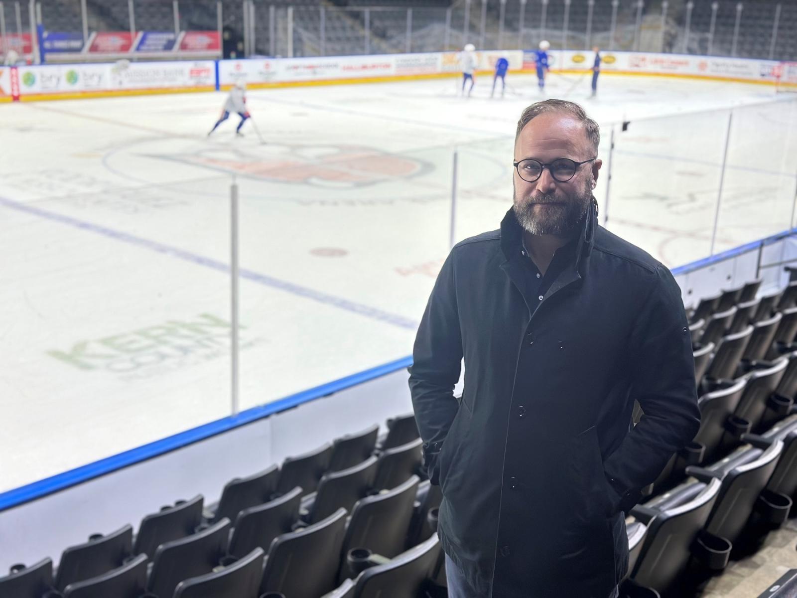 Kalle Larsson poses for a photo at an ice rink in Bakersfield, California, as part of his work with the Edmonton Oilers.