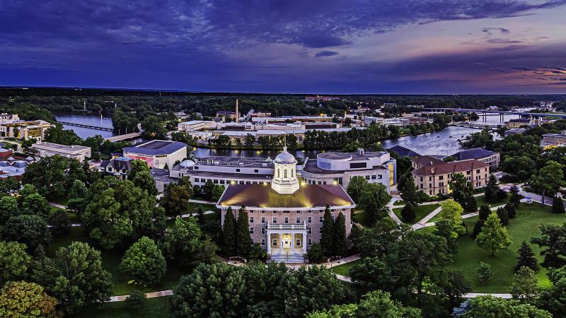 Aerial shot of campus at dusk looking south and featuring Main Hall