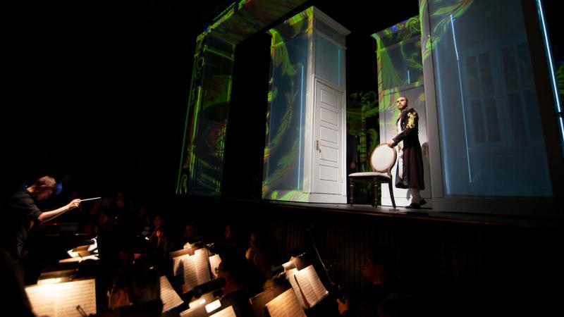 Count Almaviva on stage during a dress rehearsal for The Marriage of Figaro