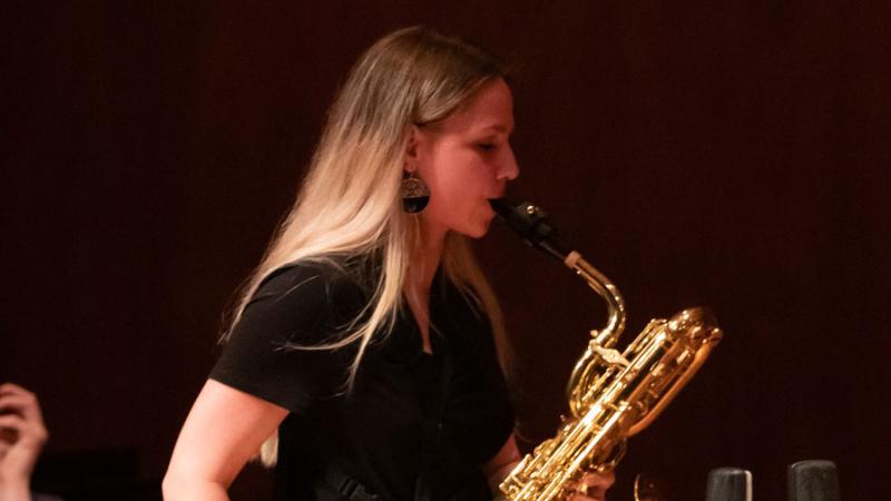 Student plays saxophone