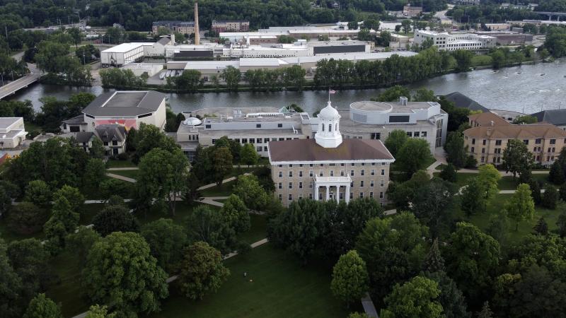 Aerial view of Lawrence University with Fox River in background.