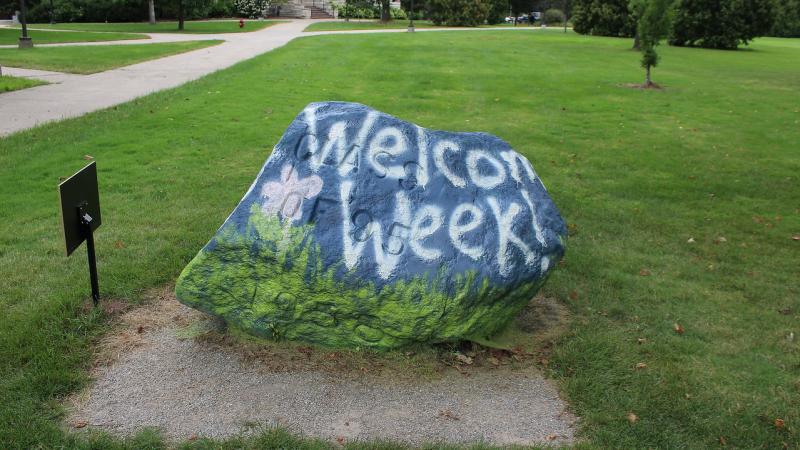 Rock painted with the words Welcome Week