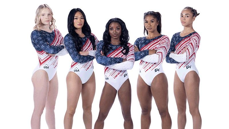 Team USA gymnasts model the newly unveiled leotards for the Summer Olympics.