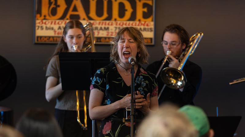 Julia Blair performs with students from the Lawrence Chamber Music Festival during Mile of Music.