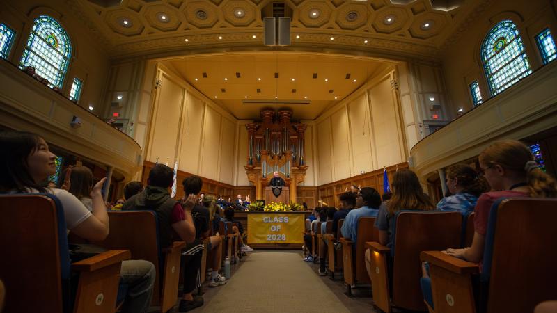 Students fill Memorial Chapel for the President's Welcome.