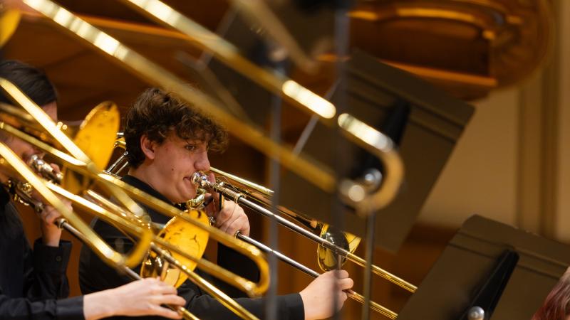 Trombone students perform during the concert in Memorial Chapel.