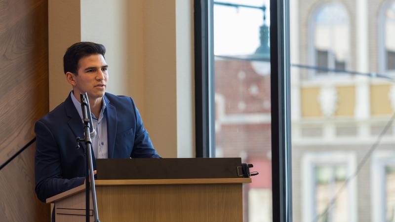 Nico Manzanera addresses the audience at the opening of the Business and Entrepreneurship Center in Fox Commons.