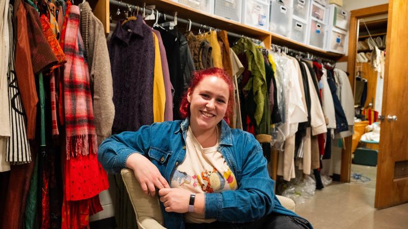 Jordan Wallin-Swanson, theatre major, hangs out in the costume shop in Lawrence's Music-Drama Center.