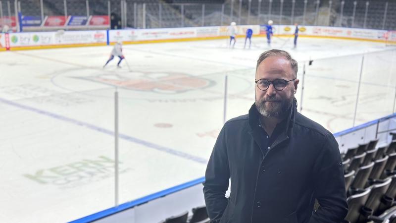 Kalle Larsson poses for a photo at an ice rink in Bakersfield, California, as part of his work with the Edmonton Oilers.