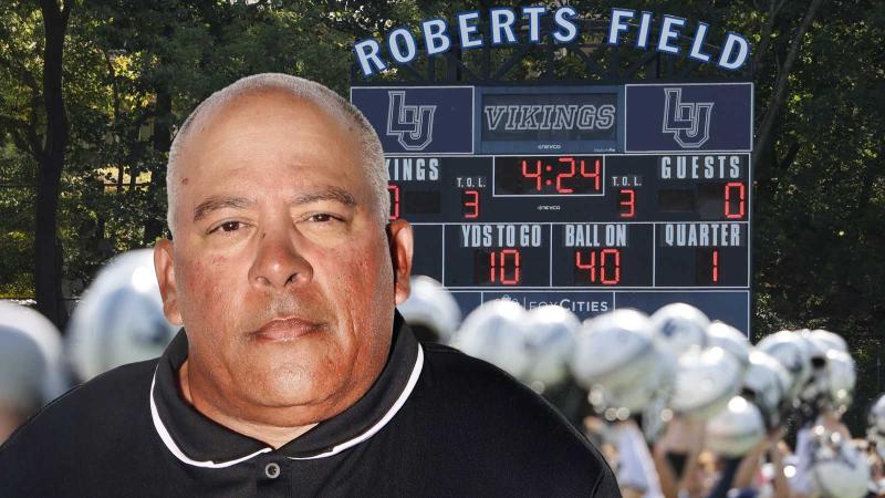 Coach Adam Gonzaga head shot on photo illustration with Banta Bowl scoreboard in background.